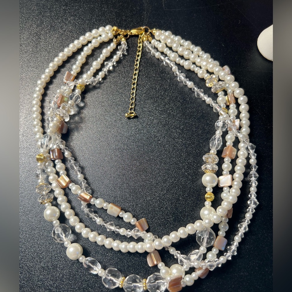 Premier Designs Daydream 4-strand faux pearls shell beads crystal necklace